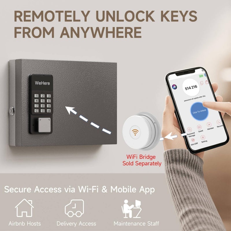 WeHere 16 Key Lock Box Wall Mount, APP Bluetooth/OTP/Wi-Fi/Fixed Code/Key Unlock, Smart Key Cabinet with Key Tag, Key Organizer Holder Box, Key Management Directory for Office, Valet, Realtor, Hotel - Image 5